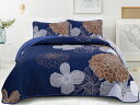 【キング】 Anibedding Floral キルト3点セット (ブラウン/ネイビー) 228×264cm 薄手掛け布団1枚&枕カバー2 寝具