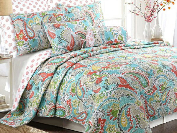 【クイーン】　Cozy Line Home Fashions キルト3点セット Mirage Paisley Floral　（ターコイスブルー..