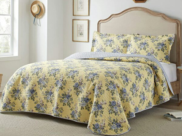 【キング】 Laura Ashley ローラ アシュレイ Linley キルト・セット (ブルー/イエロー) 243×264cm 薄手掛け布団1枚&枕カバー2枚...