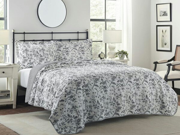 【キング】 Laura Ashley ローラ アシュレイ Amberley Biscuit キルト・セット (ブラック/ホワイト) 243×264cm 薄手掛け...