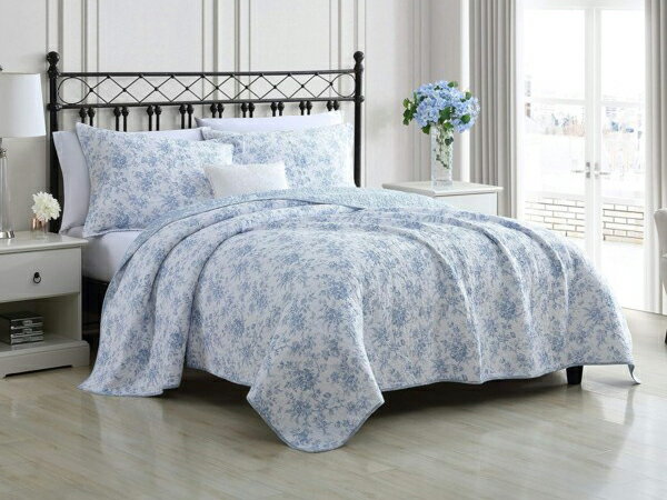 【キング】 Laura Ashley ローラ アシュレイ Walled Garden Blue キルト・セット (ブルー) 243×264cm 薄手掛け布団1枚...