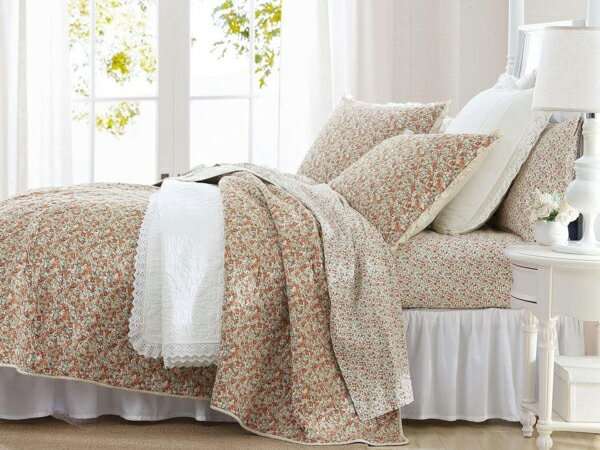 【キング】 Laura Ashley ローラ アシュレイ Loveston キルト・セット (バーント・オレンジ) 243×264cm 薄手掛け布団1枚&枕カバ...