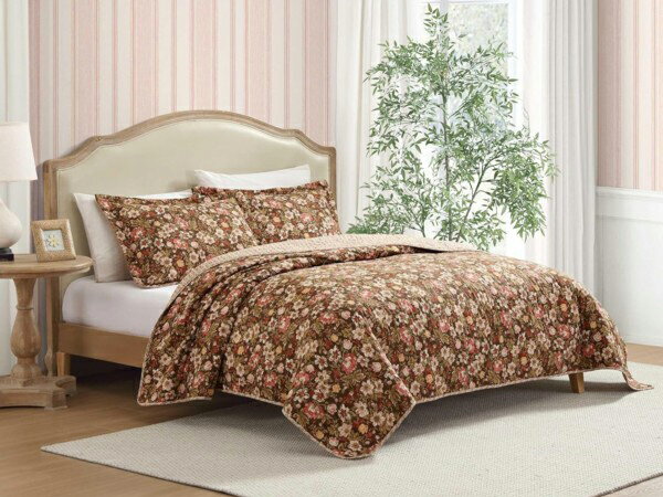 【キング】 Laura Ashley ローラ アシュレイ Marta Brown キルト・セット (ブラウン) 243×264cm 薄手掛け布団1枚&枕カバー2...