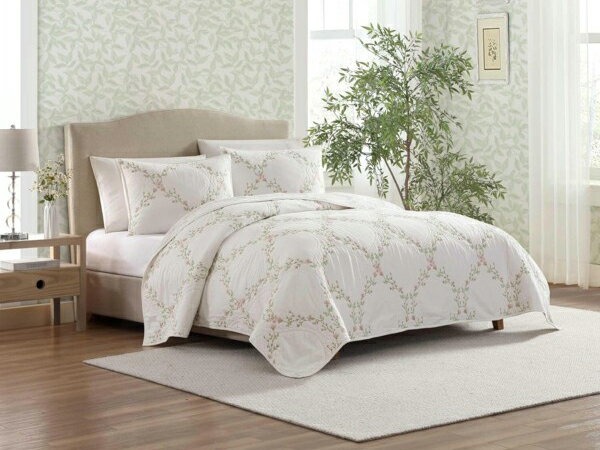 【キング】 Laura Ashley ローラ アシュレイ Floral Embroidery キルト・セット (ピンク) 243×264cm 刺しゅう入り薄手掛...