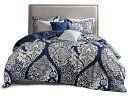 【クイーン】 Madison Park マディソンパーク Vienna 布団カバー6点セット (インディゴ/ホワイト) 228×228cm 掛布団カバー1枚&枕カバー2枚&装飾クッション3(3)