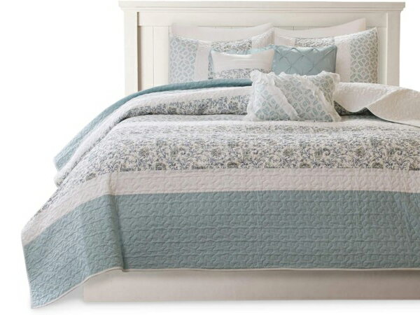 【キング】 Madison Park マディソンパーク Dawn キルト6点セット (アクア) 264×238cm 薄手掛け布団1枚&枕カバー2枚&装飾クッショ...