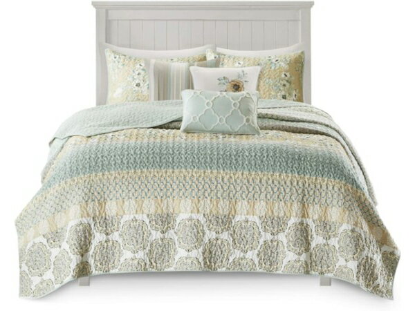 【キング】 Madison Park マディソンパーク Willa キルト6点セット (イエロー/グリーン) 264×238cm 薄手掛け布団1枚&枕カバー2枚...