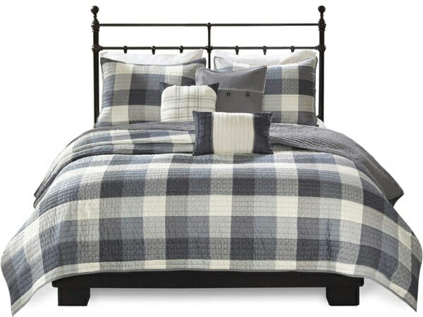 【キング】 Madison Park マディソンパーク Ridge キルト6点セット (グレー) 264×233cm 薄手掛け布団1枚&枕カバー2枚&装飾クッシ...