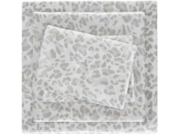 【キング】　Madison Park マディソンパーク　サテン・シーツ4点セット　（グレー・レパード）　フラッ..