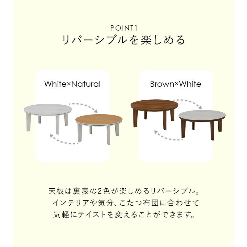 リバーシブルを楽しめる こたつテーブル カジュアルコタツ 円形 80cm 石英管ヒーター300W 天板滑り止め付き アベルSE80丸 組立式 3