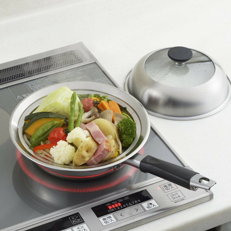 Ih/Gas Compatible - フライパンにのせて簡単蒸しプレート IH対応 フライパン用 ドーム型 ステンレス製 蒸し器 20〜22cm用 中が見えるガラス蓋（窓あり）付き 日本製