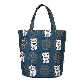 Handbag Type - クスグルジャパン コブラン織りバッグ トートバッグ めがね猫招き柄 ブルーグリーン 25-8172