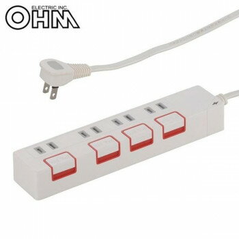 OHM 雷ガード＆個別押しボタンスイッチ付き 節電タップ 4個口 1.5m HS-K1187W(2)