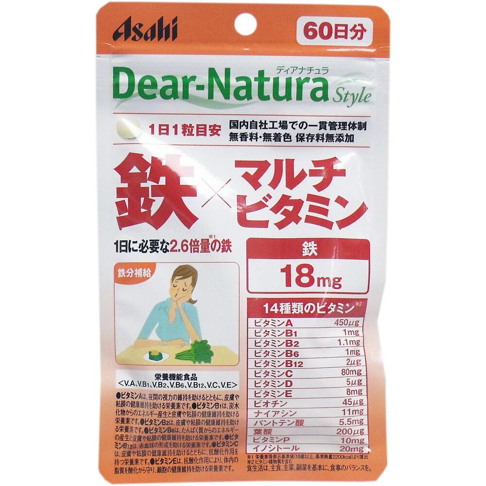 一日に必要な2.6倍量の鉄と14種類のビタミンを1粒で補給できます。●ビタミンA夜間の視力の維持を助けるとともに、皮膚や粘膜の健康維持を助ける栄養素です。●ビタミンB1炭水化物からのエネルギー産生と皮膚や粘膜の健康維持を助ける栄養素です。●ビタミンB2皮膚や粘膜の健康維持を助ける栄養素です。●ビタミンB6たんぱく質からのエネルギー産生と皮膚や粘膜の健康維持を助ける栄養素です。●ビタミンB12赤血球の形成を助ける栄養素です。●ビタミンC皮膚や粘膜の健康維持を助けるとともに、抗酸化作用を持つ栄養素です。●ビタミンE抗酸化作用により、体内の脂質を酸化から守り、細胞の健康維持を助ける栄養素です。＜こんな方におすすめです。＞・食事のバランスが気になる方・毎日を元気に過ごしたい方・野菜・果物不足が気になる方・鉄不足が気になる方北海道・沖縄・離島へのお届けは別途送料を請求させていただきます。＊製品の仕様・画像・パッケージは、変更される場合があります。 ＊当店では在庫をメーカーと共有しており、商品によっては欠品の場合がございます。 　万一、ご注文頂きました商品が欠品の場合はご連絡させていただきます。 ＊ご注文確定後のキャンセル不可 商品管理番号 4946842636938 サイズ 個装サイズ：108X177X10mm個装重量：約30g内容量：60粒 素材 【名称】鉄・ビタミン加工食品【栄養機能食品】V.A、V.B1、 V.B2、 V.B6、 V.B12、 V.C、V.E【原材料】デキストリン／V.C、ピロリン酸鉄、セルロース、イノシトール、V.P、ナイアシン、酢酸V.E、糊料（プルラン）、パントテン酸Ca、ステアリン酸Ca、V.B6、V.B2、V.B1、V.A、葉酸、ビオチン、V.D、V.B12、（一部に乳成分を含む）【摂取方法】1日1粒を目安を目安に水またはお湯とともにお召し上がりください。【栄養成分(1日1粒(360mg)あたり】エネルギー・・・1.22kcaLたんぱく質・・・0.024g脂質・・・0.018g炭水化物・・・0.24g食塩相当量・・・0.0031gビタミンA・・・450μgビタミンB1・・・1.0mgビタミンB2・・・1.1mgビタミンB6・・・1.0mgビタミンB12・・・2.0μgナイアシン・・・11mgパントテン酸・・・5.5mg葉酸・・・200μgビオチン・・・45μgビタミンD・・・5.0μgビタミンC・・・80mgビタミンE・・・8.0mg鉄・・・18.0mgビタミンP・・・10mgイノシトール・・・20mg【保存方法】直射日光・高温多湿をさけ、常温で保存してください。 注意事項 【注意】・本品は、多量摂取により疾病が治癒したり、より健康が増進するものではありません。・1日の摂取目安量を守ってください。・乳幼児・小児は本品の摂取を避けてください。・妊娠3ヵ月以内又は妊娠を希望する女性は過剰摂取にならないよう注意してください。・原材料名をご確認の上、食物アレルギーのある方はお召し上がりにならないでください。・体調や体質によりまれに身体に合わない場合や、発疹などのアレルギー症状が出る場合があります。その場合は使用を中止してください。・小児の手の届かないところに置いてください。・水濡れにより変色する場合がありますので、水滴や濡れた手でのお取扱いにご注意ください。・ビタミンB2により尿が黄色くなることがあります。・天然由来の原料を使用しているため、斑点が見られたり、色むらやにおいの変化がある場合がありますが、品質に問題ありません。・開封後はお早めにお召し上がりください。 メーカー アサヒグループ食品株式会社