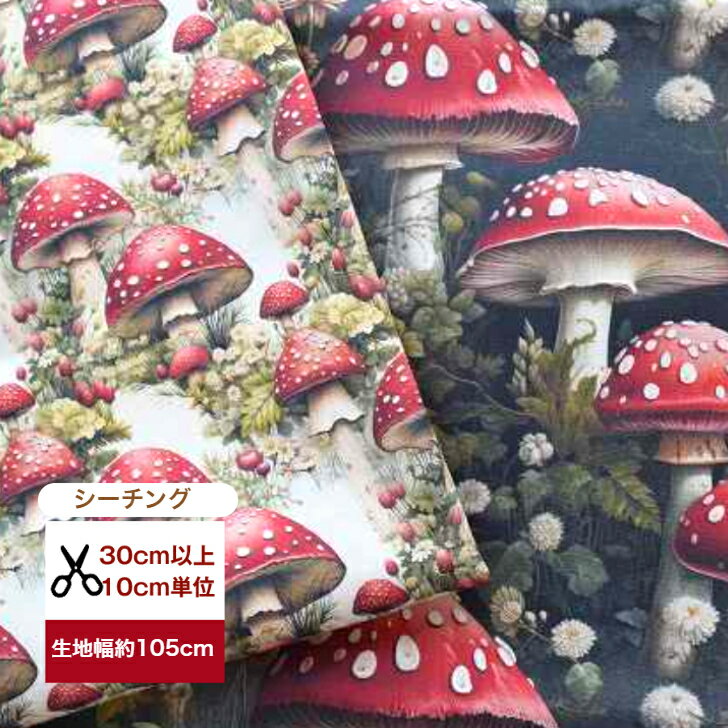 【シーチング】 Vol.2アンティークマッシュルーム-Big- 綿 布 商用利用可能 きのこ マッシュルーム 毒きのこ コットン100％ シーチング 生地 布 入園入学 マスク 手作り デジタルプリント 子供服 小物のサムネイル