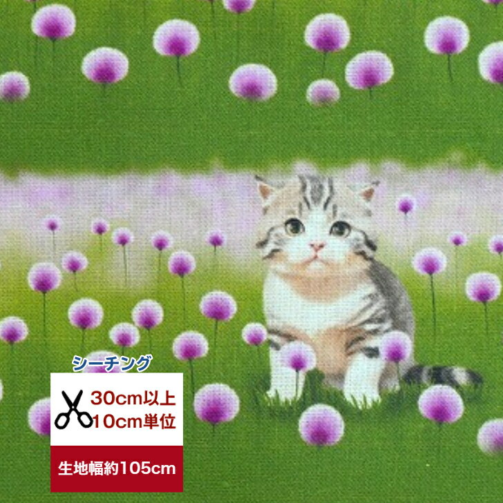 シーチング 蓮華畑に佇む子猫 コットン100％ 生地 マスク 手作り ハンドメイド デジタルプリント アニマル 動物 猫 ネコ