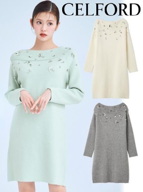 【即日出荷】(期間限定10%OFF&500円OFF) CELFORD セルフォード ペタルビジューニットワンピース 25秋冬. CWNO255066 フレアワンピース 【新作】のサムネイル