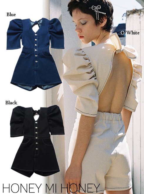 【即日出荷】セール60%OFF Honey mi Honey ハニーミーハニー denim puff rompers 22春夏. 22S-TA-48 オールインワン・コンビネゾン 2022summer 夏 ボトム