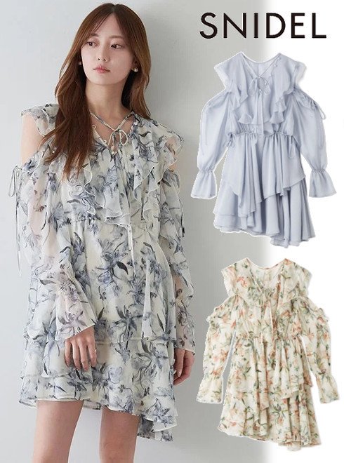 【即日出荷】(新作10%OFF+300円OFF) snidel スナイデル Sustainaプリントフリルミニワンピース 25春夏 SWFO251069 フレアワンピース 【新作】