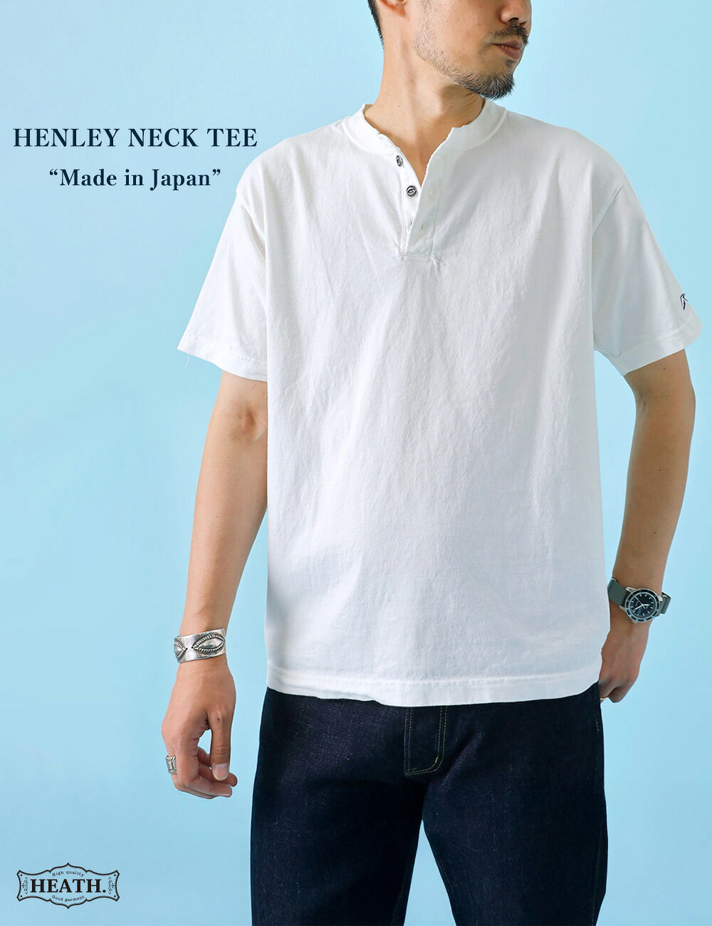 ヘンリーネックTシャツ メンズ 綿100% 丸胴 日本製 HEATH S-2XL