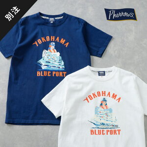 Pherrow's フェローズ 別注 Tシャツ メンズ 半袖 カットソー 日本製 グラフィック 横浜 バラ マリン 薔薇 大きいサイズ M-2XLサイズ バイク ツーリング ドライブ