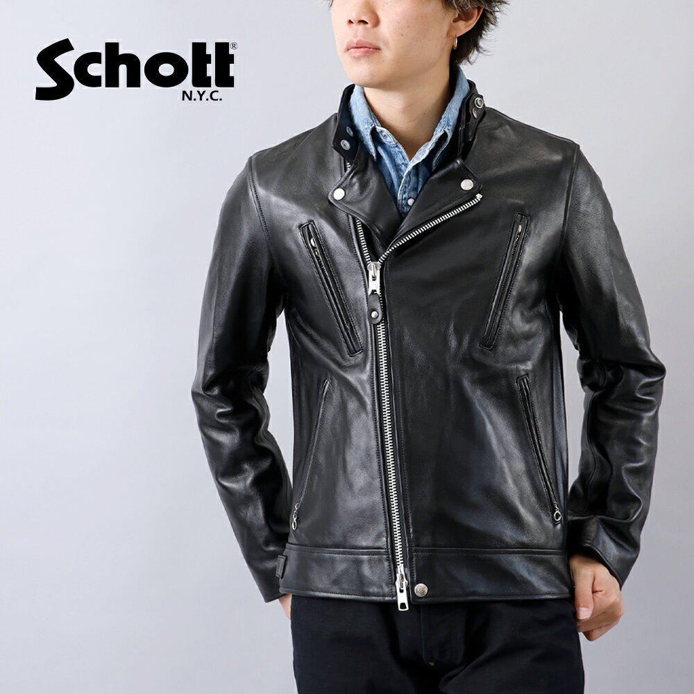 乐天商城 - Schott ショット NEW DOUBLE BREAST RIDERS ダブルブレスト ライダースジャケット 革ジャン 羊革 メンズ ブラック バイク ツーリング アメカジ ヒース