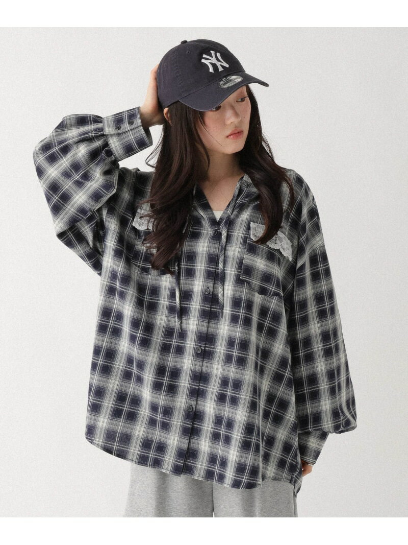 チェックフードレースシャツ Heather ヘザー トップス シャツ・ブラウス ブラウン ブラック ネイビー【送料無料】[Rakuten Fashion]