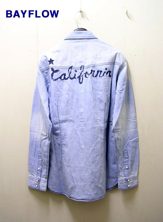 L【BAYFLOW 綿麻インディゴペンキペイントシャツ カリフォルニア california ロゴ クリアブルー】