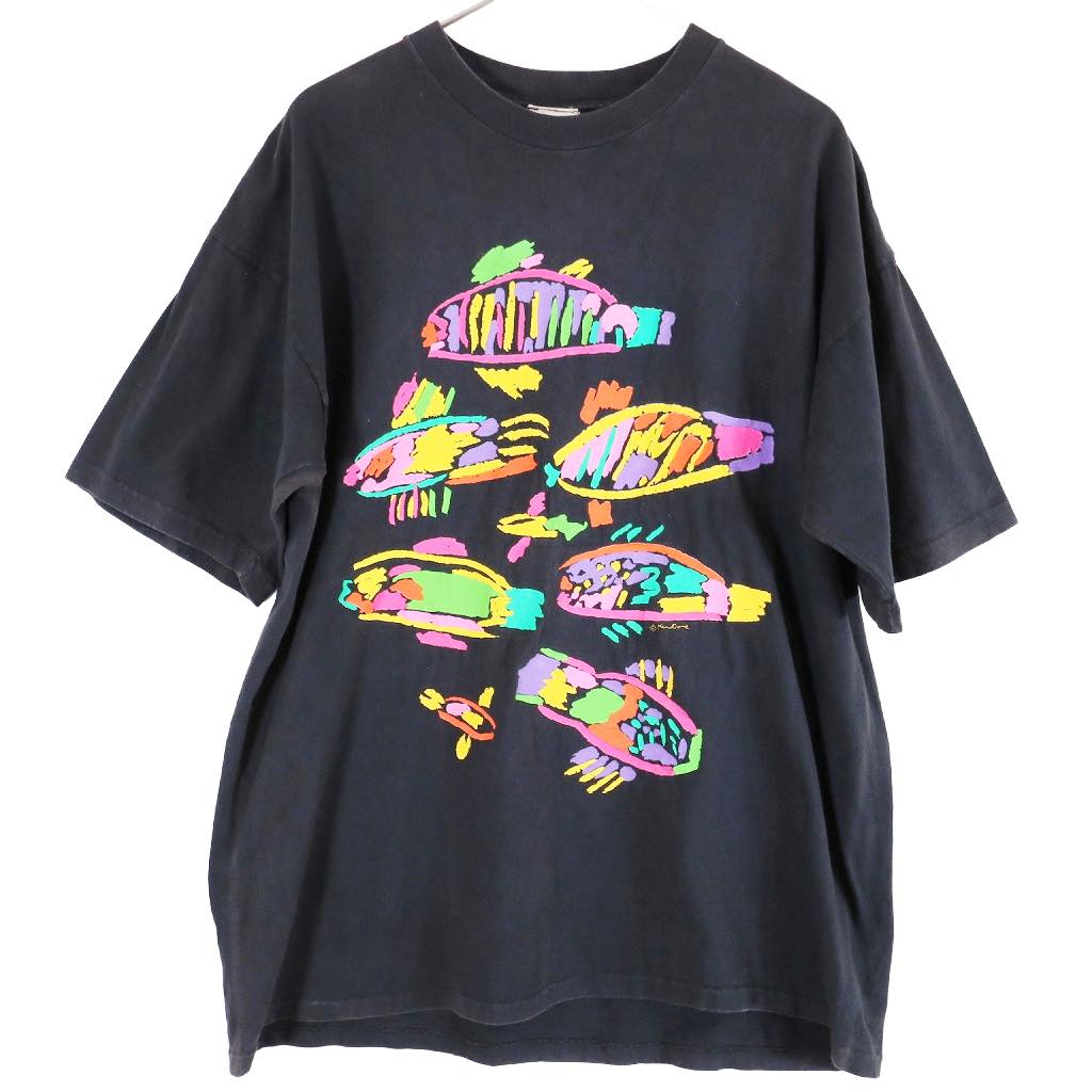 SALE///// 90年代 USA製 ペイント フィッシュ 半袖Tシャツ ブラック (メンズ L) 中古 古着 N5396のサムネイル