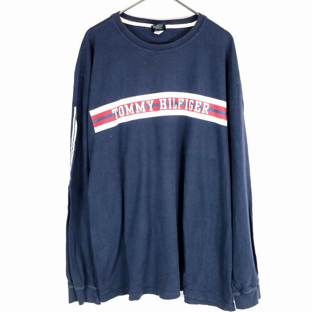 TOMMY HILFIGER トミーヒルフィガー ブランドネームプリント 長袖Tシャツ ボーダー ネイビー (メンズ XL) 中古 古着 O1529