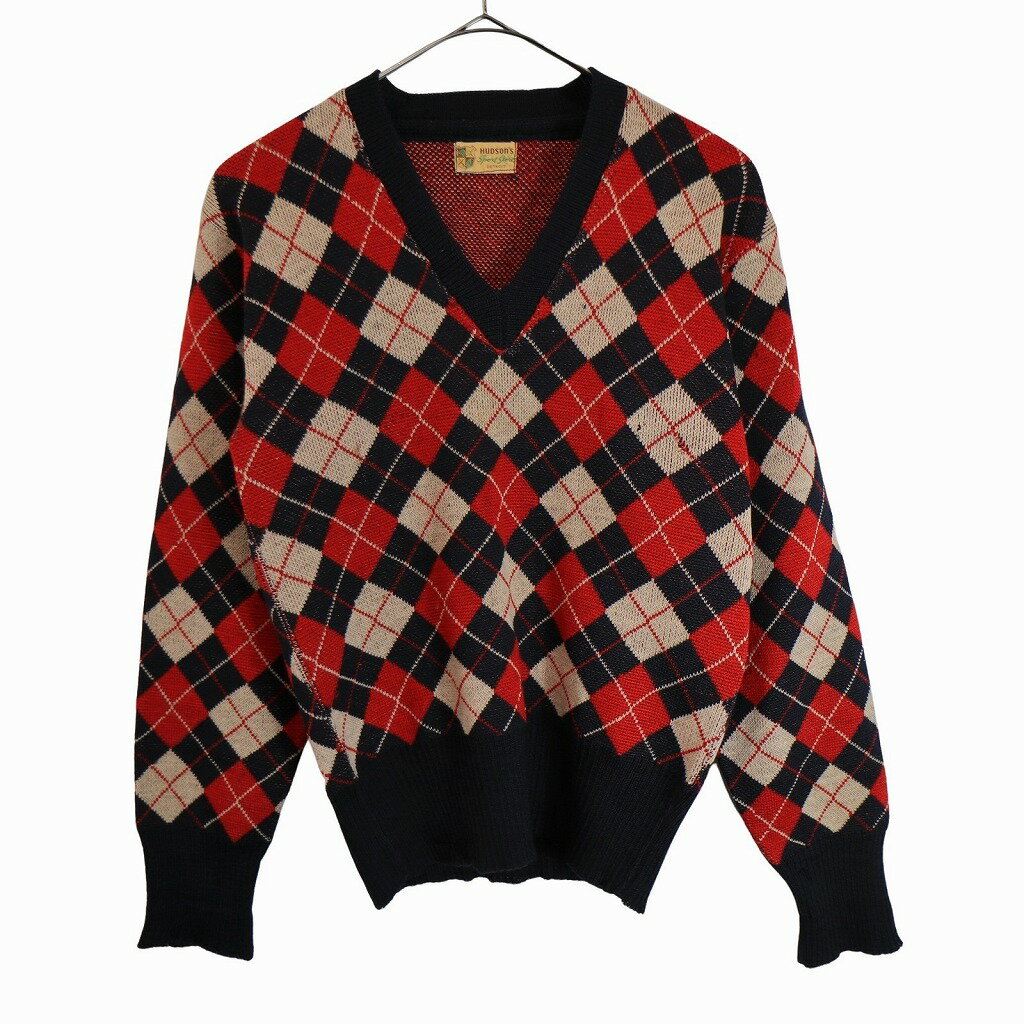 50年代 HUDSON'S Sport Store Vネック ウールニット セーター ヴィンテージ アーガイルチェック(メンズ S相当)中古 古着 O2927