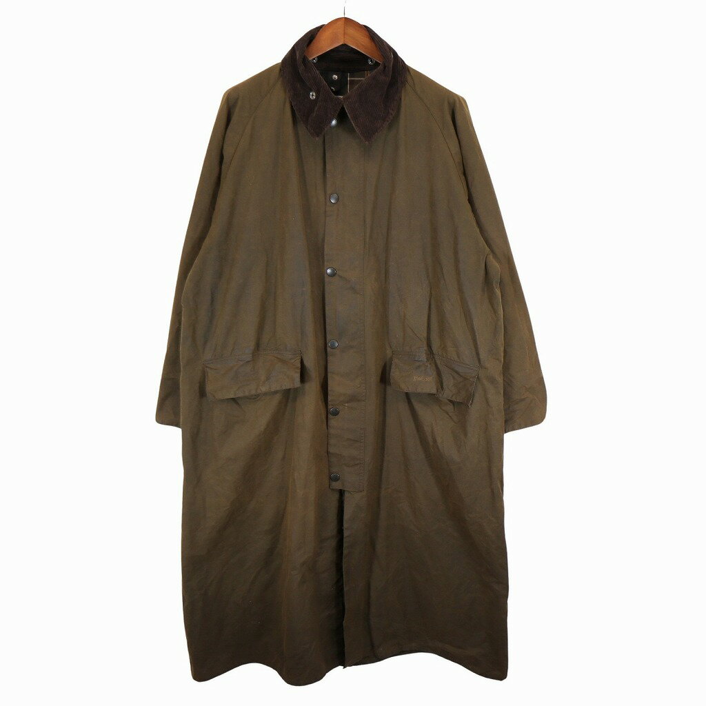 80年代 イングランド製 Barbour バブアー CLASSIC BURGHLEY オイルドコート ユーロ 襟コーデュロイ カーキ (メンズ C48) 中古 古着 O5502