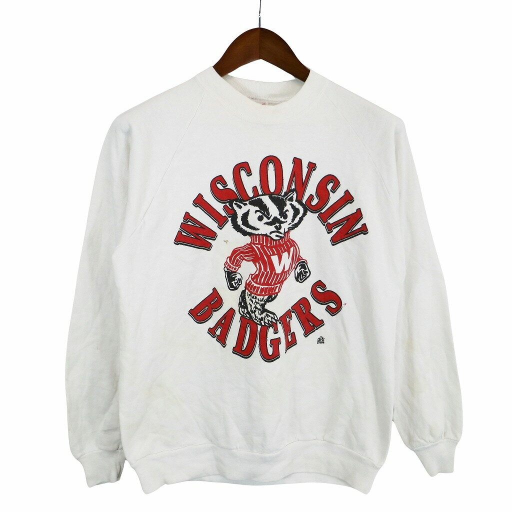 80年代 USA製 JERZEES ジャージーズ カレッジプリント スウェット WISCONSIN ウィスコンシン大学 ホワイト (メンズ L) 中古 古着 O7877