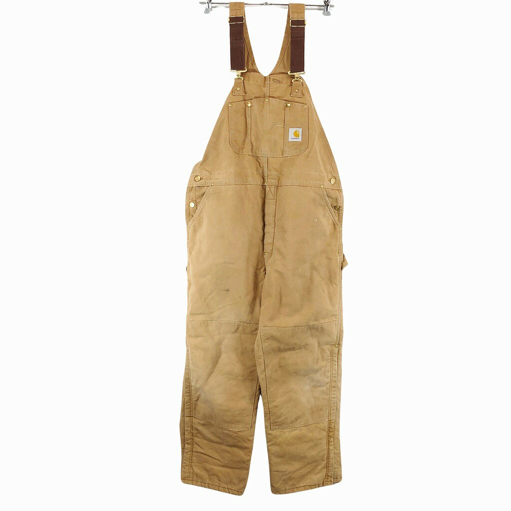 90年代 USA製 Carhartt カーハート ダック地 キルティング オーバーオール ダブルニー ブラウン (メンズ -- L相当) 中古 古着 P0204
