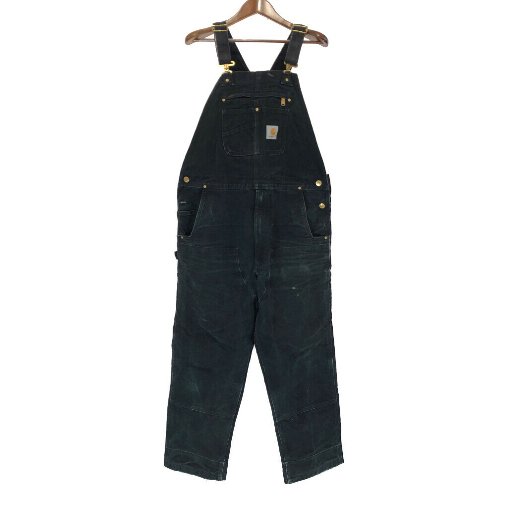 SALE/// 90年代 USA製 Carhartt カーハート ダブルニー ダック ワーク オーバーオール 大きいサイズ ブラック (メンズ 44×32) 中古 古着 P3598