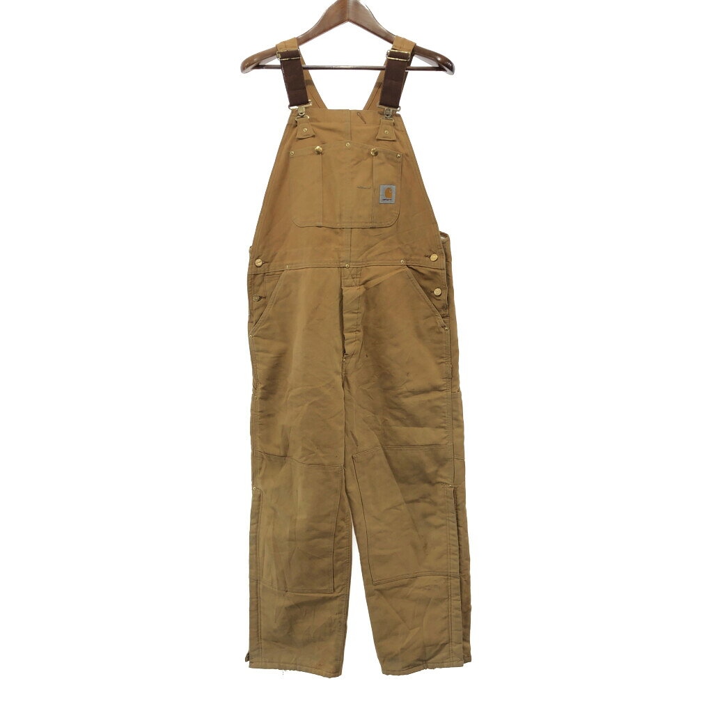 SALE/// 90年代 USA製 Carhartt カーハート ダブルニー ダック ワーク オーバーオール 大きいサイズ ベージュ (メンズ 38×30) 中古 古着 P3734