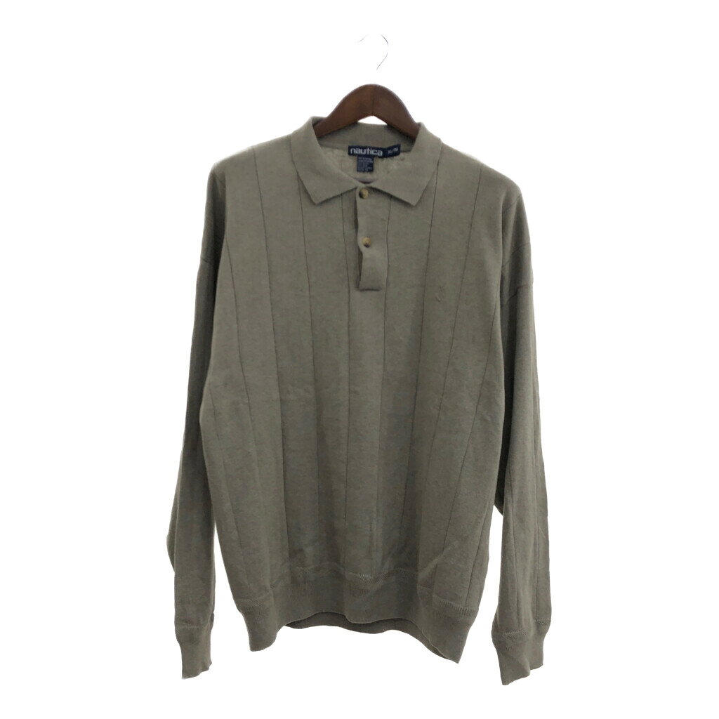 SALE///// 90年代 NAUTICA ノーティカ コットン ニット 長袖 ポロシャツ セーター カジュアル カーキ (メンズ XL) 中古 古着 p5846