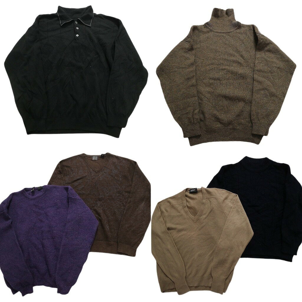 古着卸 まとめ売り 100％ウール セーター 6枚セット (メンズ L /XL ) 無地 Vネック モックネック ハイネック KN9-6 MR3902