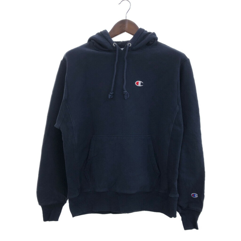 SALE///// Champion チャンピオン リバースウィーブ スウェット パーカー トップス ワンポイントロゴ ネイビー (メンズ M) 中古 古着 P7137