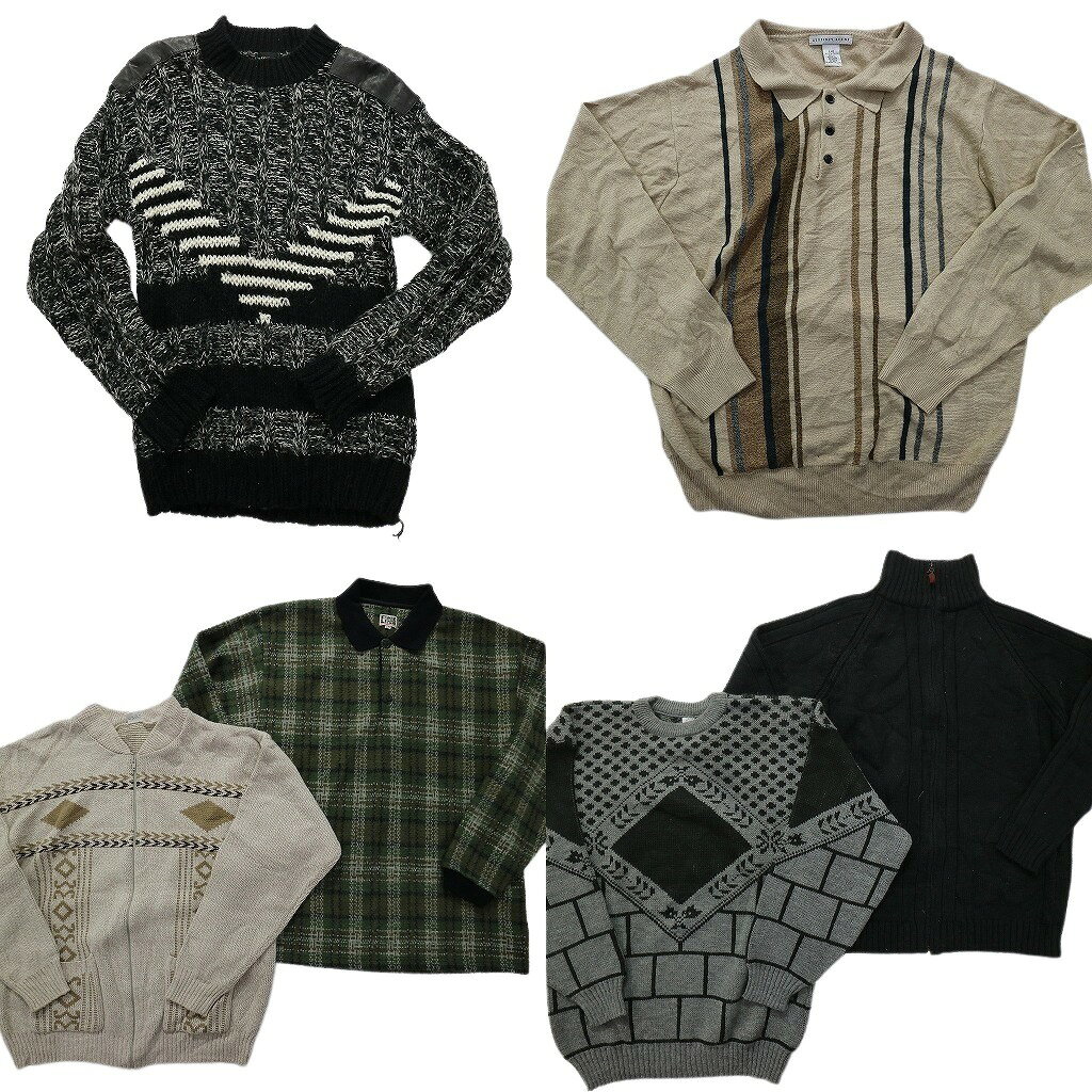 古着卸 まとめ売り 総柄 100％アクリル セーター 6枚セット (メンズ M /L ) ハーフジップ ニットポロ チェック KN7-2 MR4021