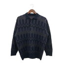 70年代 ALPACA VOLUMINIZZATA アルパカ アクリル ニット 長袖ポロシャツ 総柄 ネイビー (メンズ L相当) P7956(4)