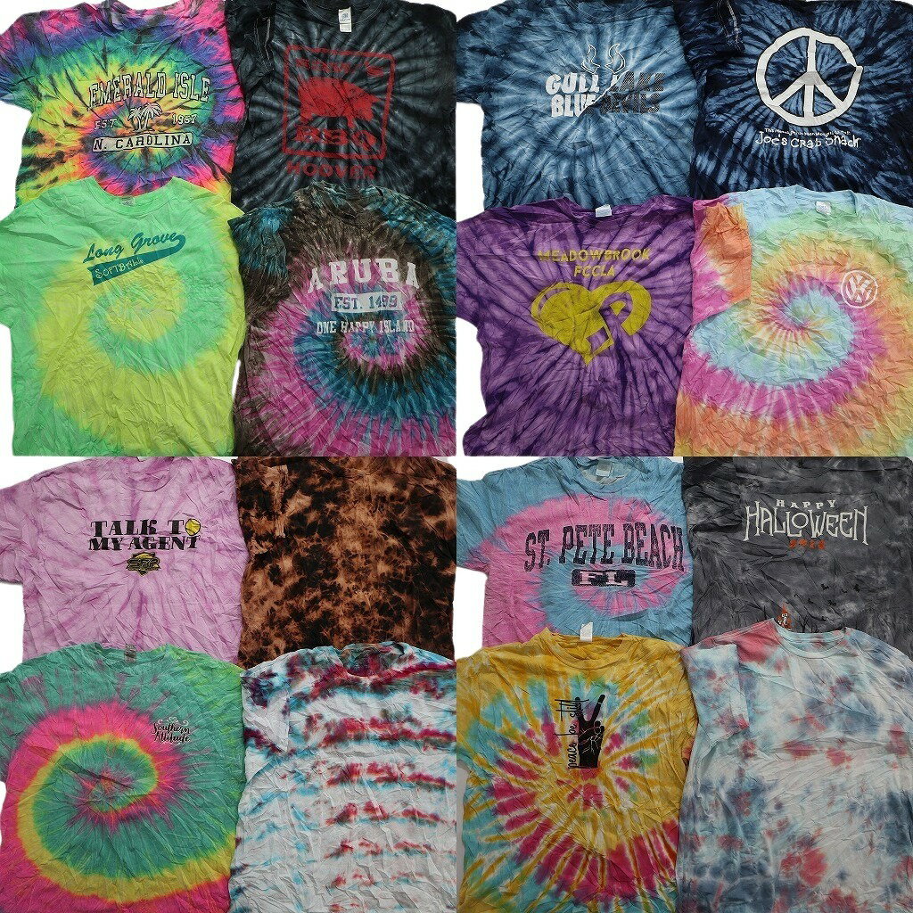 古着卸 まとめ売り タイダイ柄 半袖Tシャツ 16枚セット (メンズ XL ) 英字ロゴプリント TS24 MR7033のサムネイル