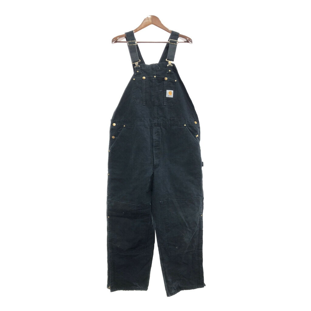 90年代 USA製 Carhartt カーハート ダック ダブルニー オーバーオール 大きいサイズ ワーク ブラック (メンズ 44×32) 中古 古着 Q0448