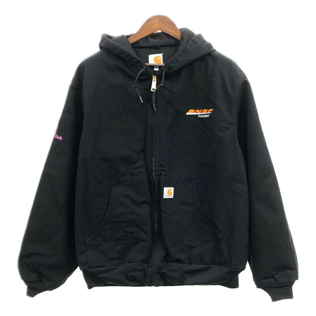 90年代 USA製 Carhartt カーハート アクティブパーカージャケット 企業ロゴ パーカー ブラック (メンズ XL) 中古 古着 Q1834