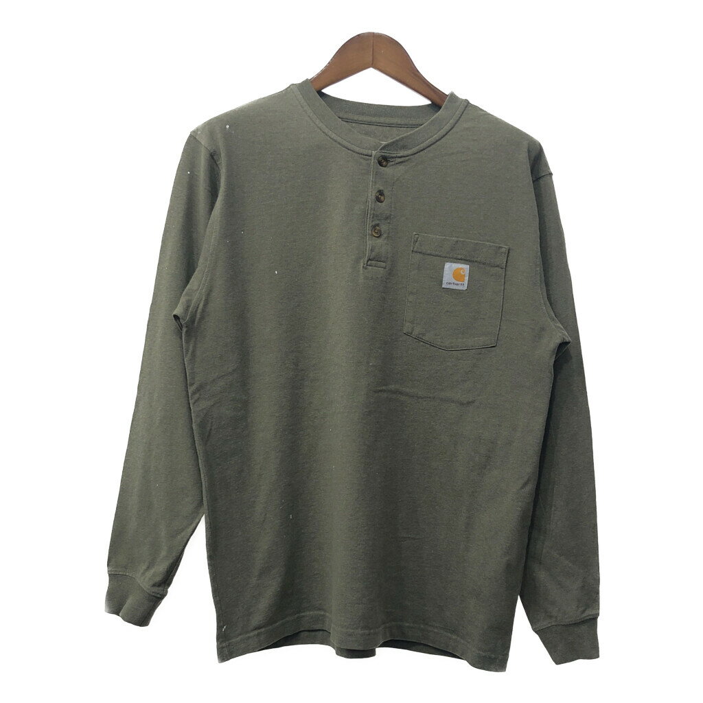 Carhartt カーハート ヘンリーネック ポケット 長袖Tシャツ ワンポイントロゴ カーキ (メンズ M) 中古 ..