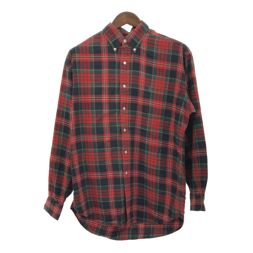 90年代 RALPH LAUREN ラルフローレン ボタンダウン 長袖シャツ ワンポイントロゴ チェック レッド (メンズ L) Q2592