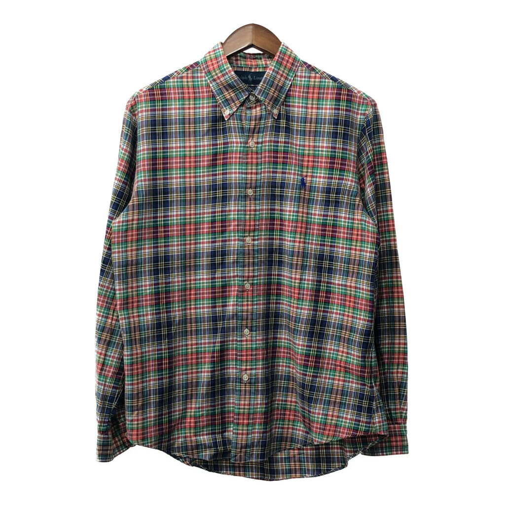 90年代 RALPH LAUREN ラルフローレン CUSTOM FIT ボタンダウンシャツ 長袖シャツ マルチカラー(メンズ L) 中古 古着 Q3937
