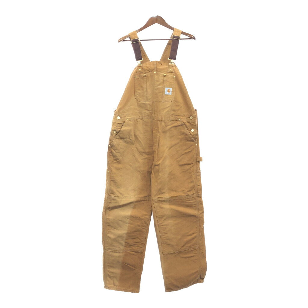 90年代 USA製 Carhartt カーハート ダック ダブルニー ビブオーバーオール ブラウン (メンズ W44 L30) 中古 古着 Q4510