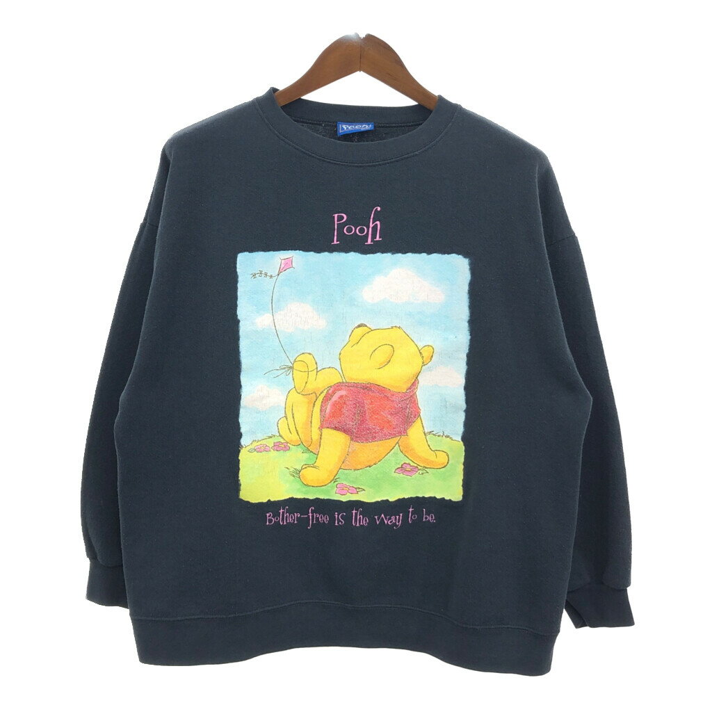 90年代 Disney ディズニー Pooh くまのプーさん スウェット キャラクター ブラック (レディース L相当) 中古 古着 Q4636