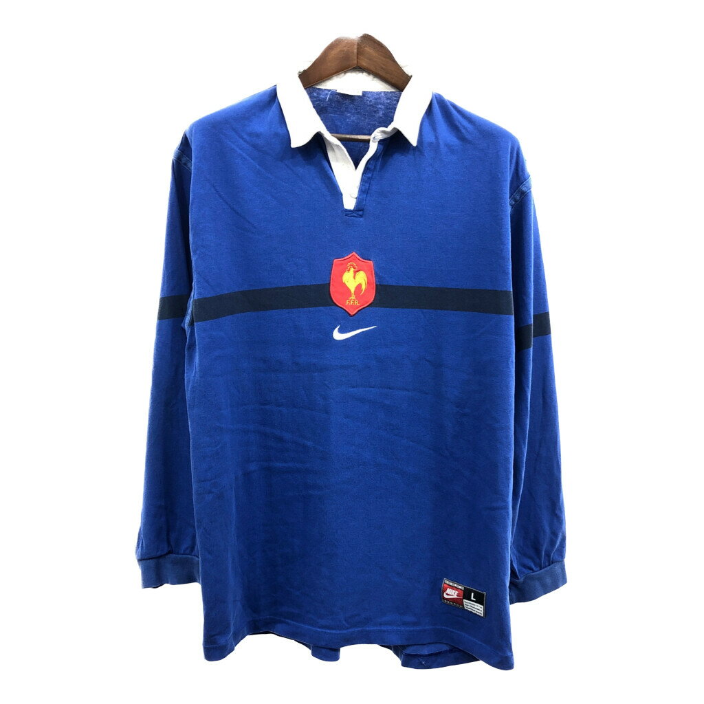 90年代 NIKE ナイキ フランス代表 ラガーシャツ スポーツ ロゴ ブルー (メンズ L) 中古 古着 Q4870